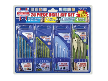 Faithfull Set Of 4 Drill Bit Sets 20 Bits TCT Masonry HSS Glass Wood FAIMPSET20